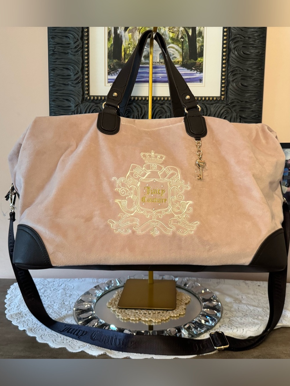 Juicy Couture Blush Pink Suede Travel Duffel with Black Trim